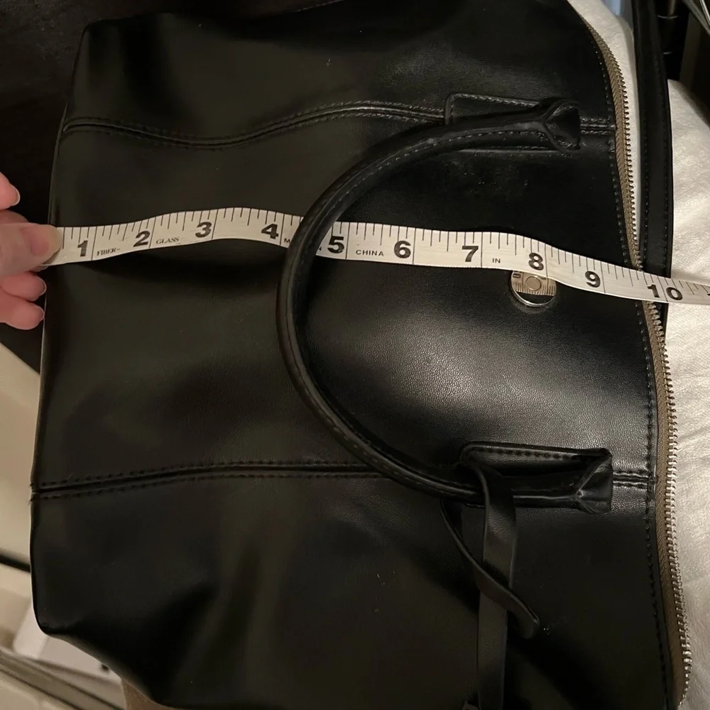 Emma and Sophia black leather satchel tote purse. With strap.